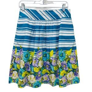 TALBOTS PETITES A-Line Skirt Women's Size 6P Blue Yellow Pleated Floral Stretch